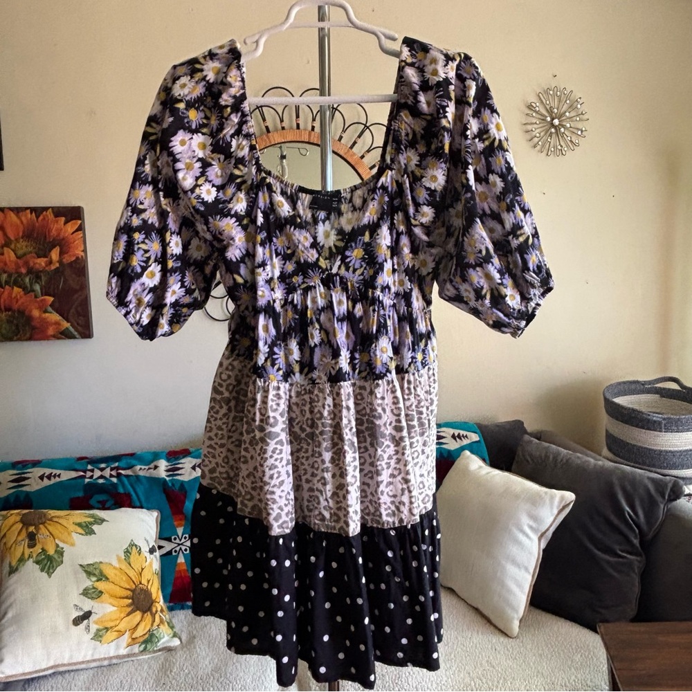 Milkmaid Babydoll Tiered Mini Dress Mixed Watercolor Daisy Animal Dots Size 14